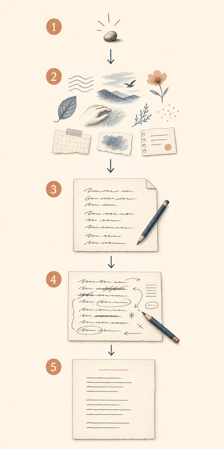 Flux éditorial en cinq étapes, de l’objet concret aux notes, au brouillon, à la révision et au poème final