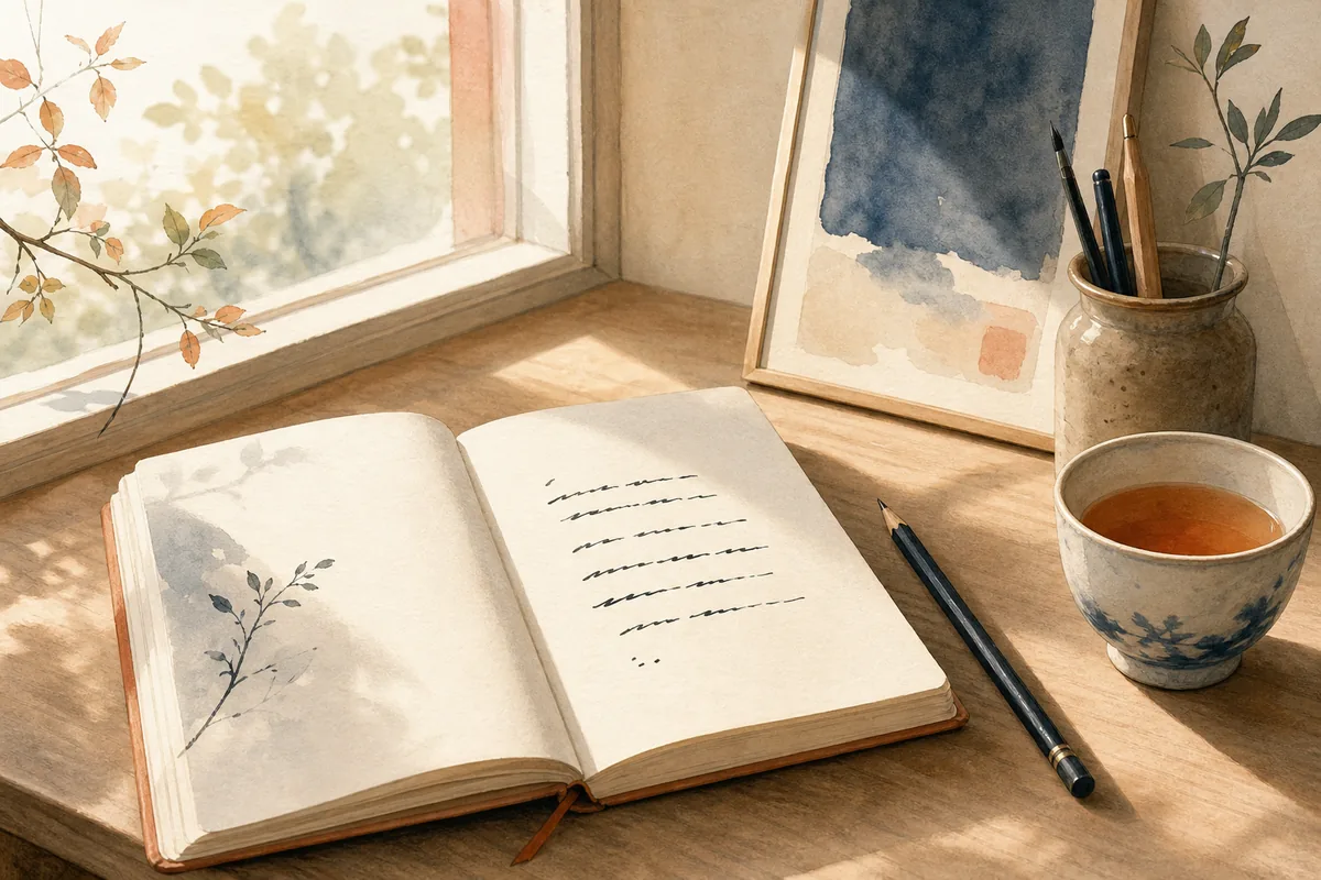 Cahier ouvert, crayon et lumière de fenêtre représentant le premier brouillon d’un poème