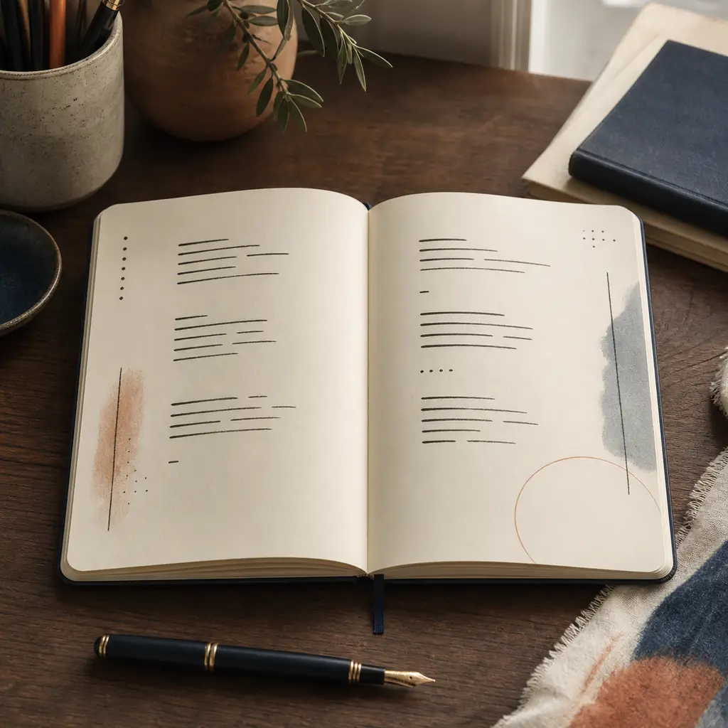Quaderno di poesia aperto con gruppi di versi e spazi tra le strofe senza testo leggibile