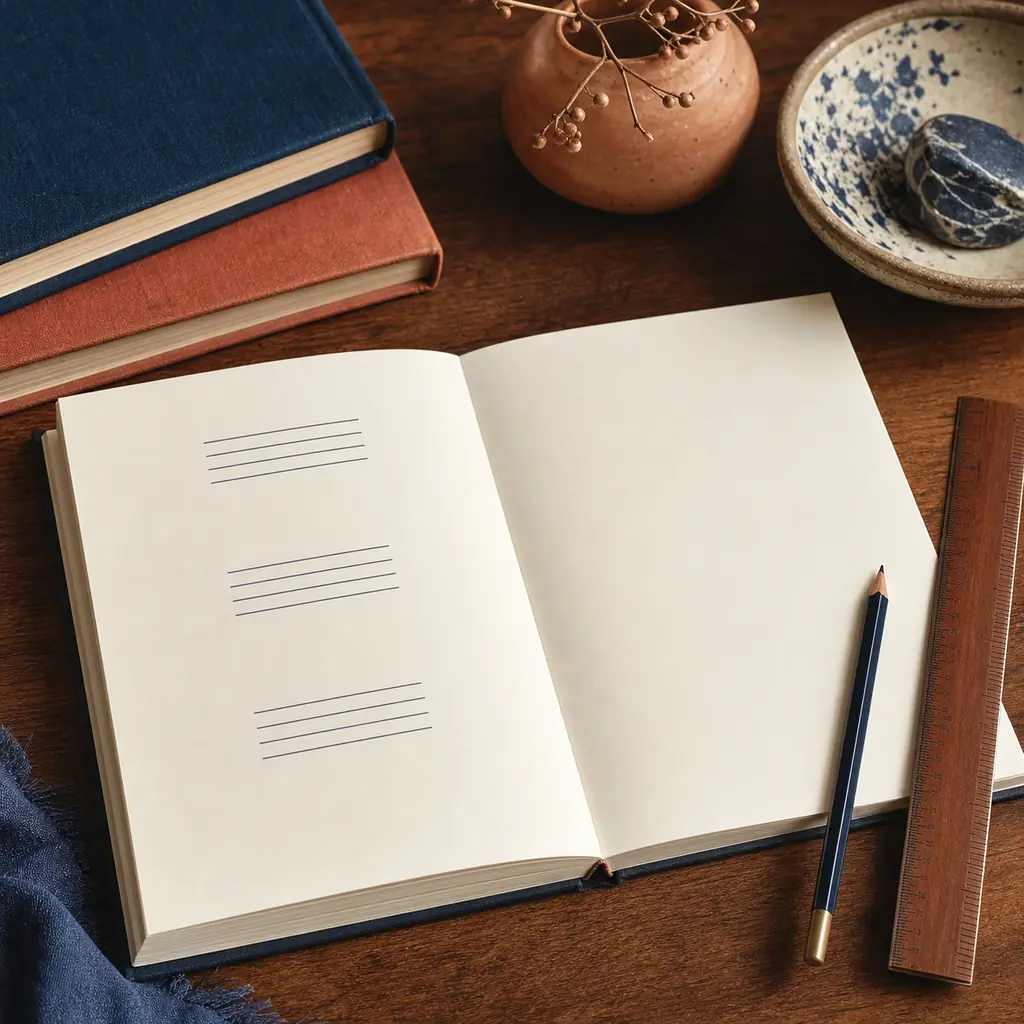 Quaderno aperto con gruppi di versi, matita e righello per rivedere la struttura