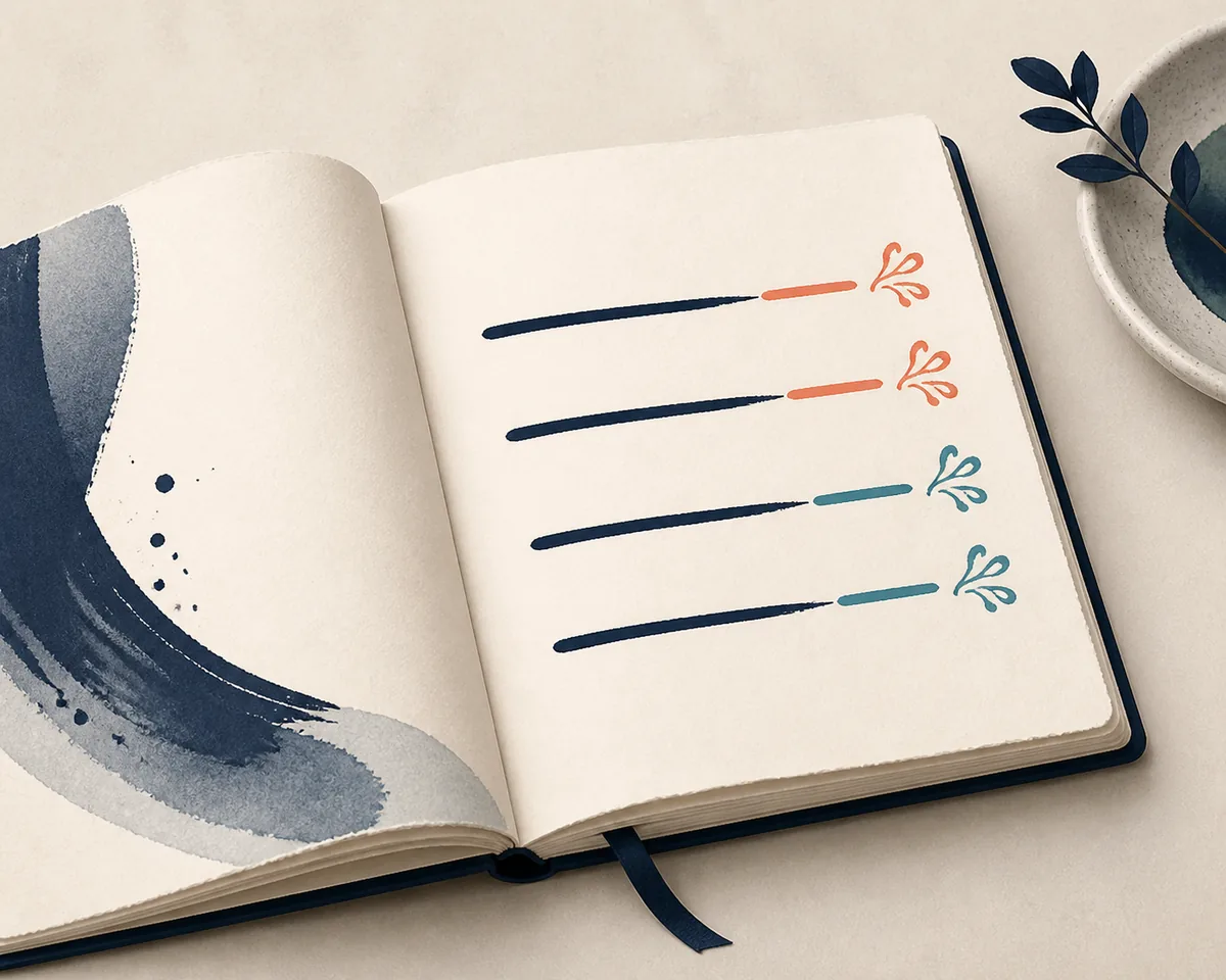 Open poetry notebook with repeated colored line endings representing a rhyme scheme