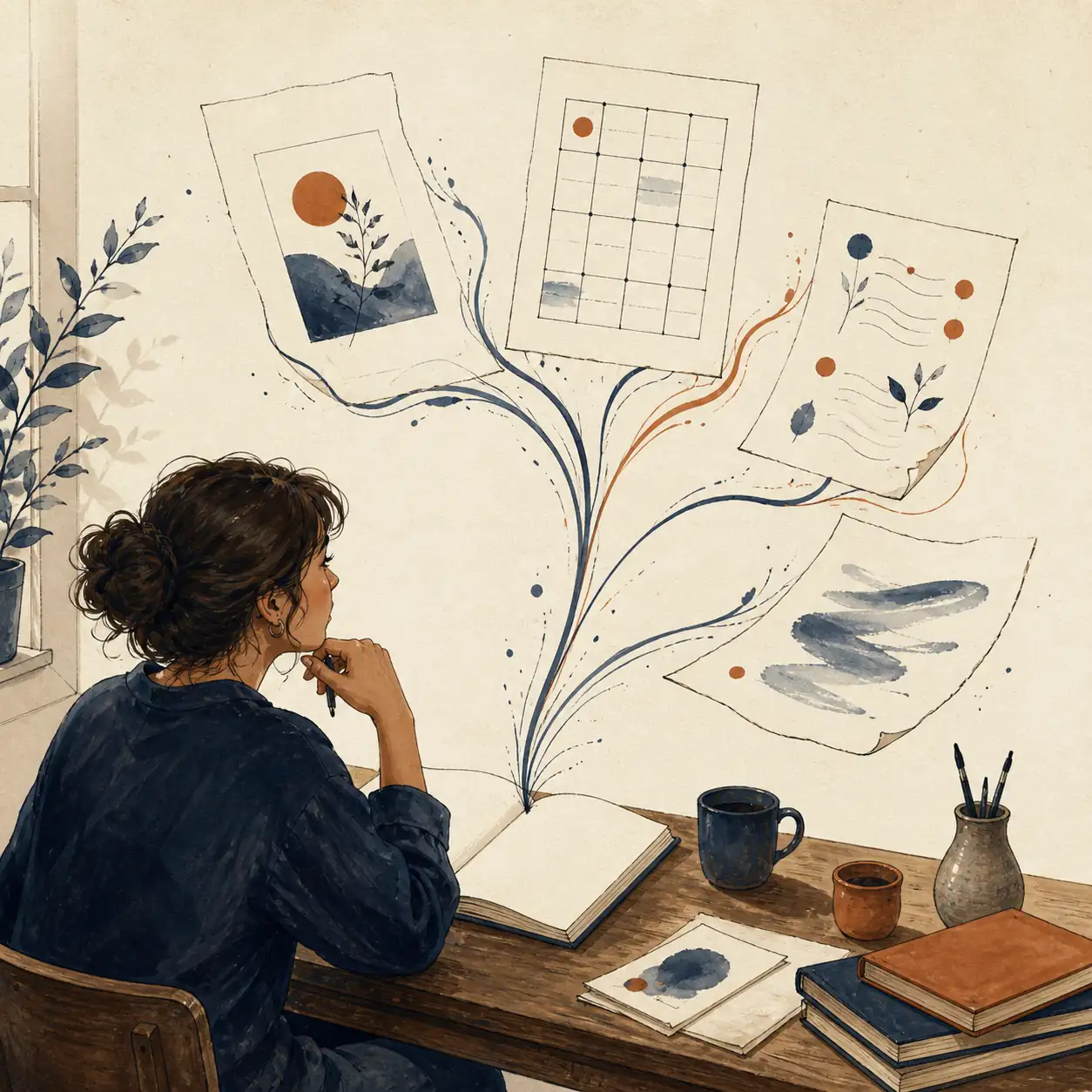 Writer choosing between several visual poem forms at a desk