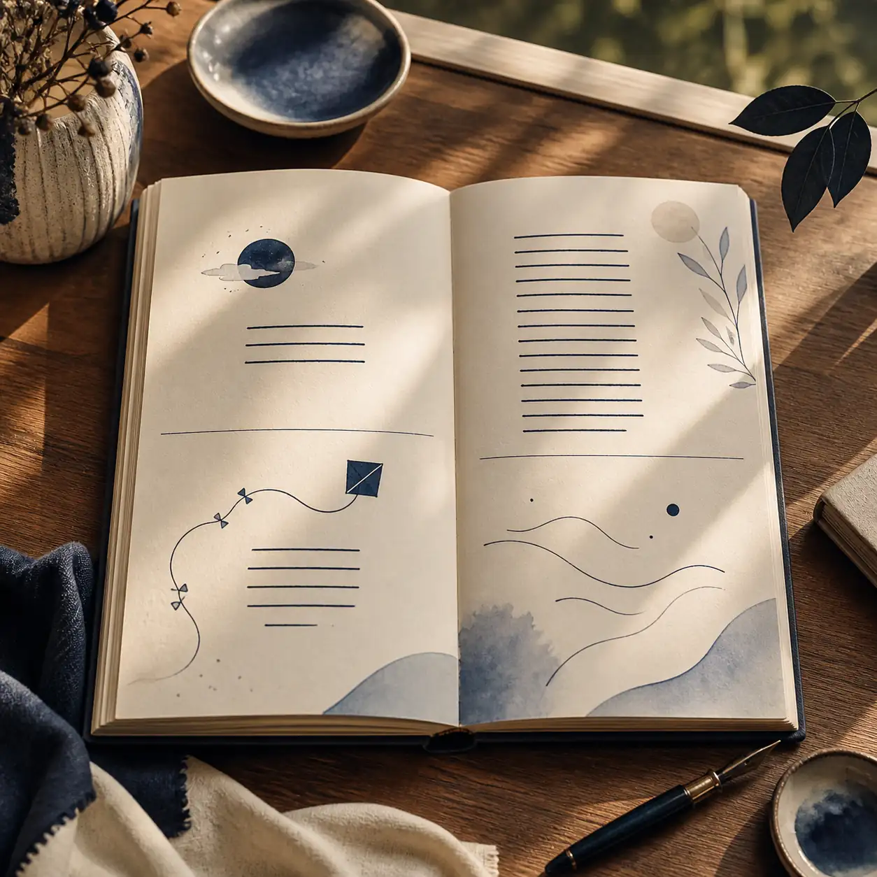 Open poetry notebook showing different stanza shapes without readable text